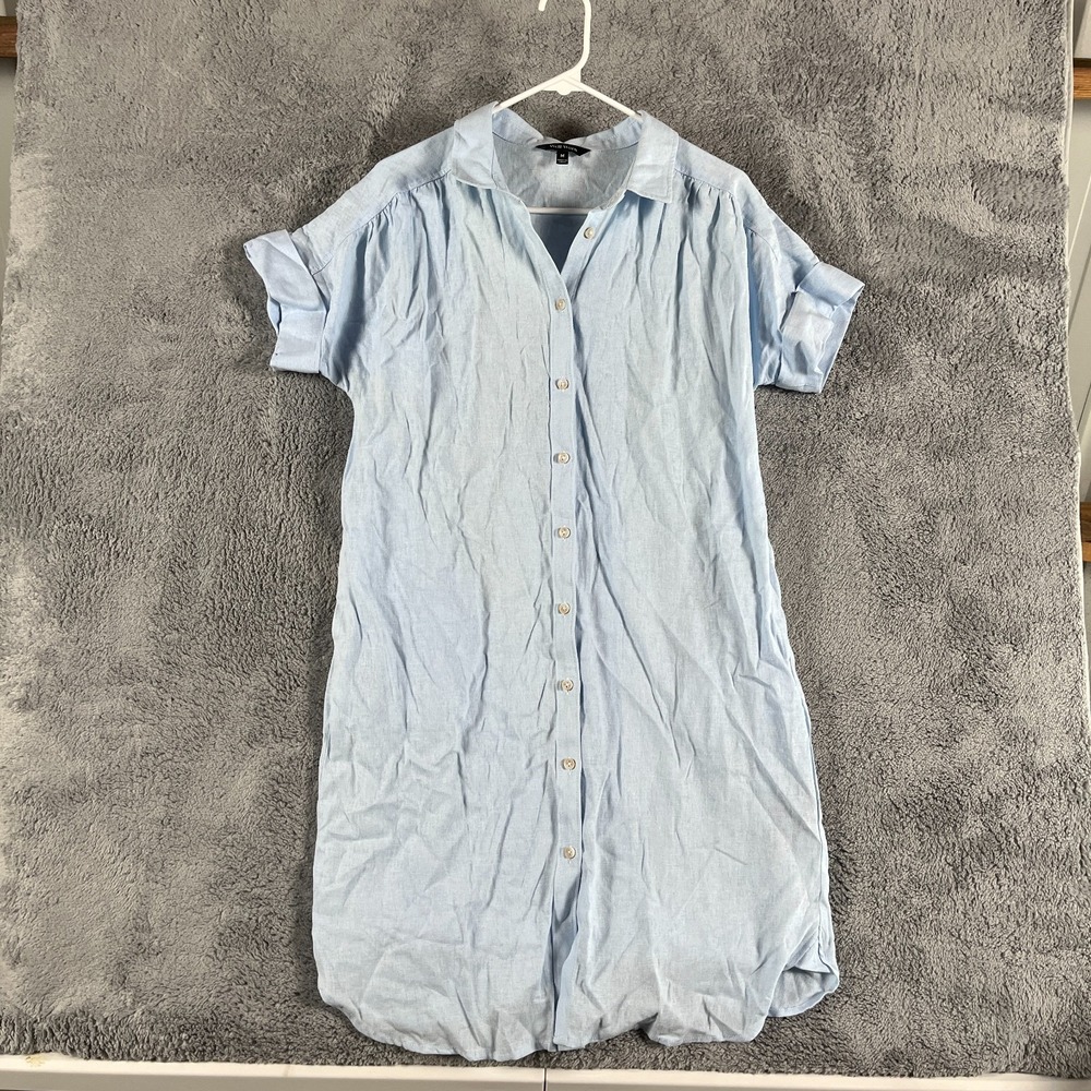 Well Worn Shirt Dress Womens M Light Blue Linen Blend Short Sleeve Button Front